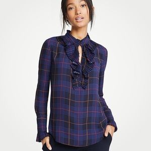 Ann Taylor Plaid Pleated Ruffle Blouse